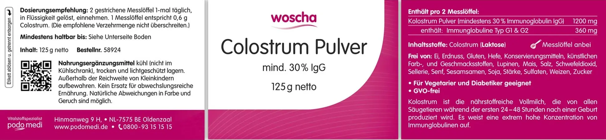 Woscha Colostrum Pulver von podo medi beinhaltet 125 Gramm Etikett