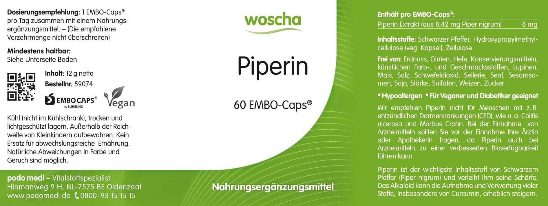 Woscha Piperin schwarzer Pfeffer von podo medi beinhaltet 60 Kapseln Etikett