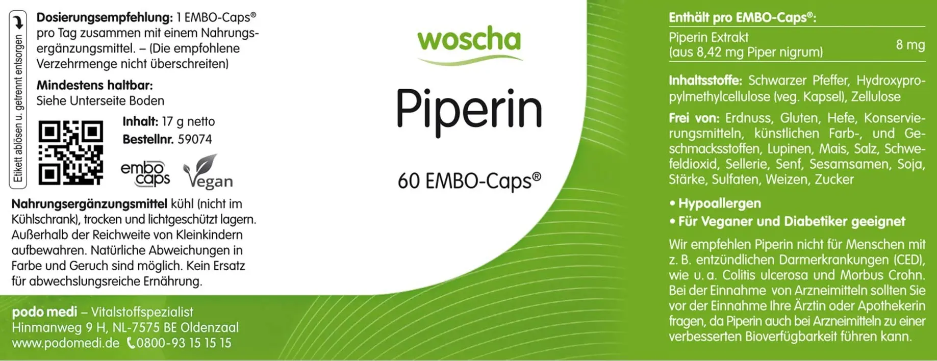 Woscha Piperin schwarzer Pfeffer von podo medi beinhaltet 60 Kapseln Etikett