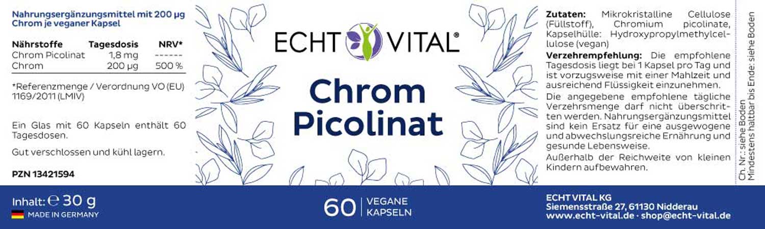 Etikett Chrom Picolinat von Echt Vital beinhaltet 60 vegane Kapseln