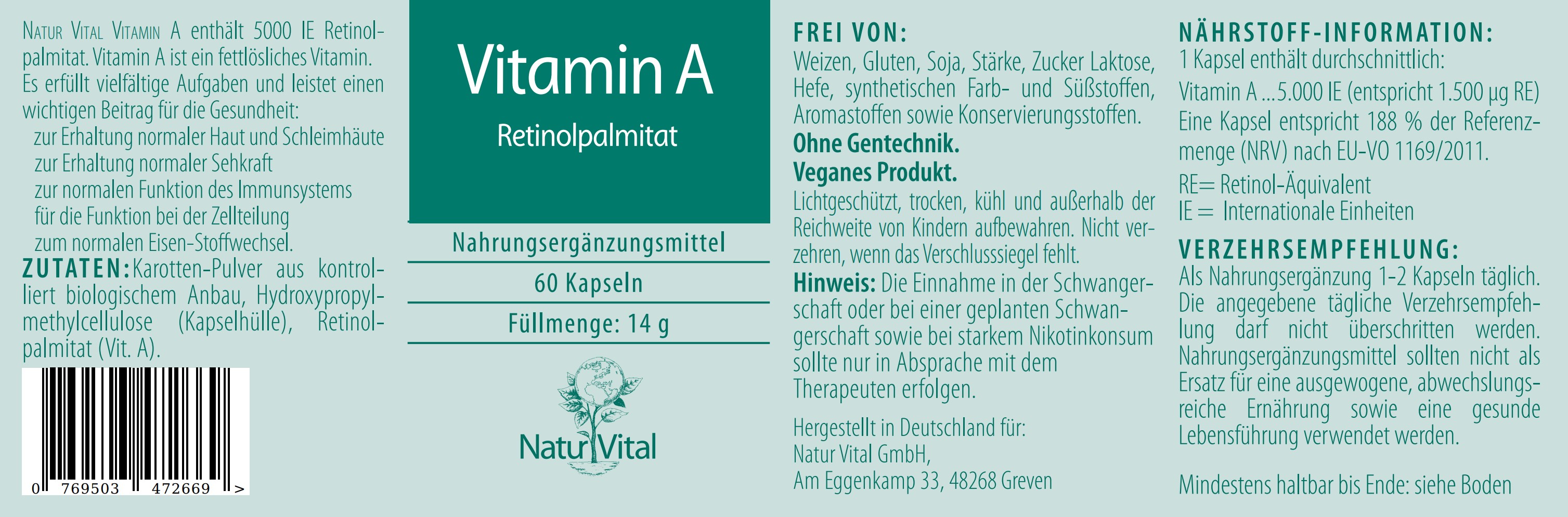 Natur-Vital Vitamin A 60 Kapseln für Augen und Sehkraft Etikett
