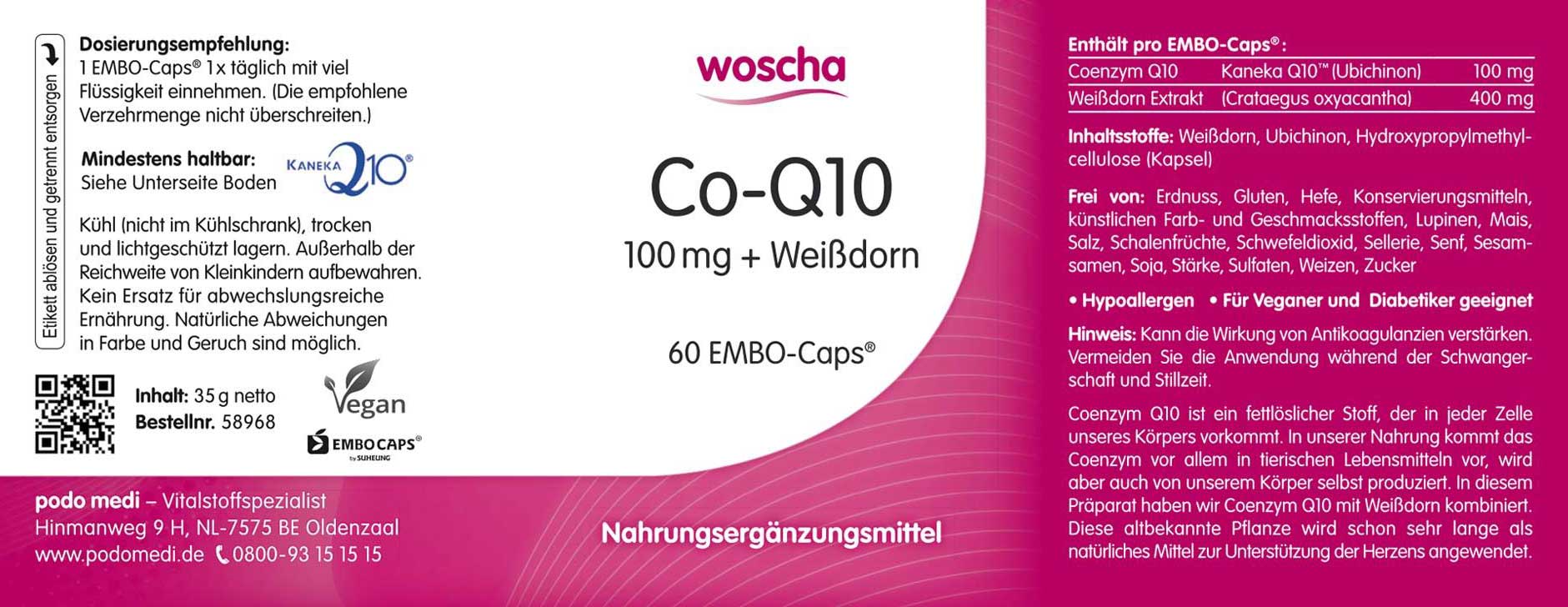 Woscha Co-Q10 Weißdorn podo medi 60 Kapseln Etikett Woscha Co-Q10 mit Weißdorn von podo medi beinhaltet 60 Kapseln Etikett