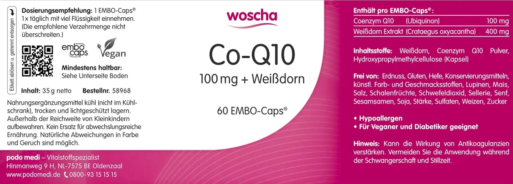 Woscha Co-Q10 mit Weißdorn von podo medi beinhaltet 60 Kapseln Etikett