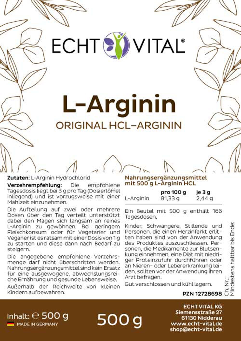 Etikett L-Arginin Pulver von Echt Vital in 500 Gramm Packung