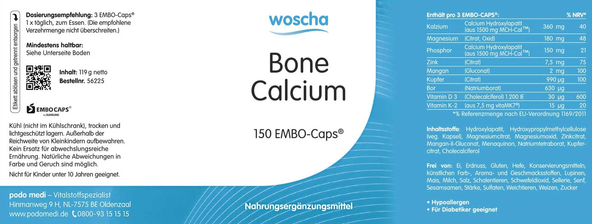 Woscha Bone Calcium von podo medi beinhaltet 150 Kapseln Etikett