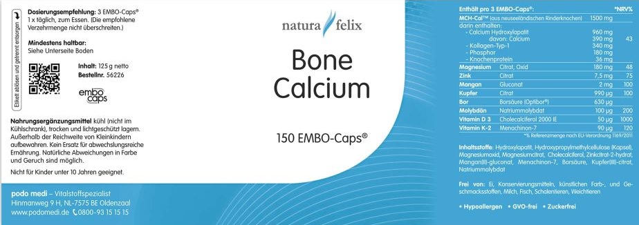 natura-felix Bone Calcium von podo medi beinhaltet 150 Kapseln Etikett