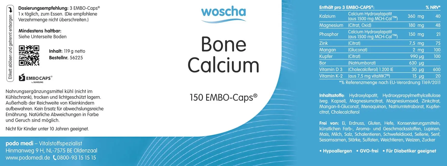 natura-felix Bone Calcium von podo medi beinhaltet 150 Kapseln Etikett