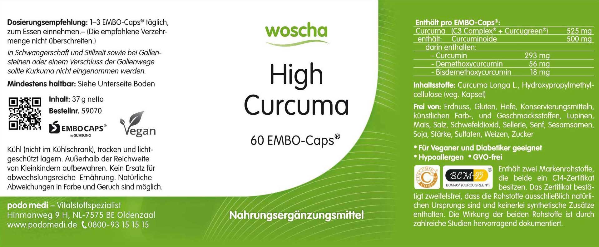 Woscha High Curcuma von podo medi beinhaltet 60 Kapseln Etikett