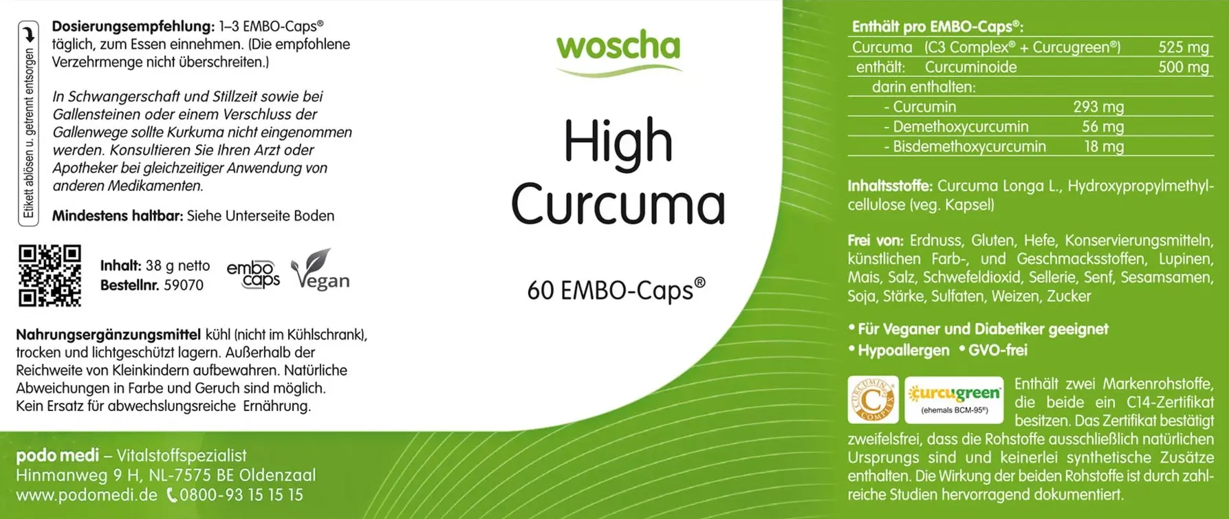 Woscha High Curcuma von podo medi beinhaltet 60 Kapseln Etikett