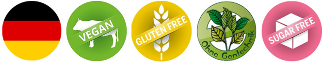 Made in Germany, vegan, glutenfrei, Gentechnikfrei, zuckerfrei