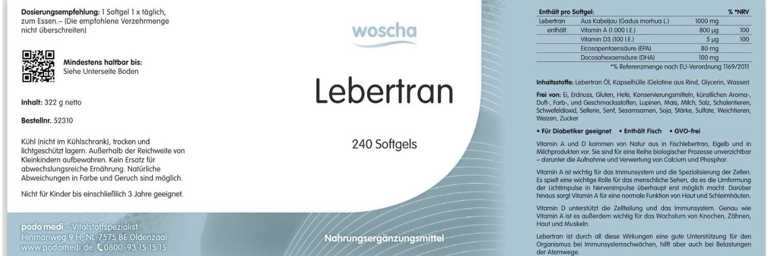 Woscha Lebertran von podo medi beinhaltet 240 Softgels Etikett