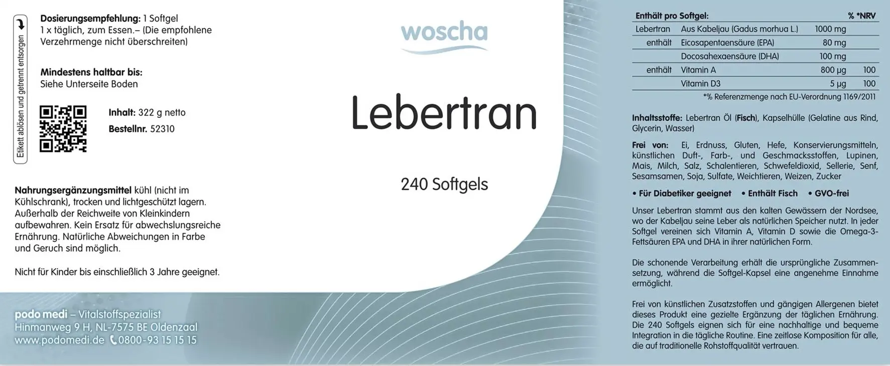 Woscha Lebertran von podo medi beinhaltet 240 Softgels Etikett