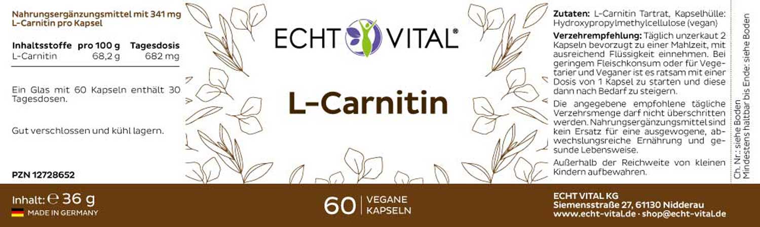Etikett L-Carnitin von Echt Vital beinhaltet 60 vegane Kapseln