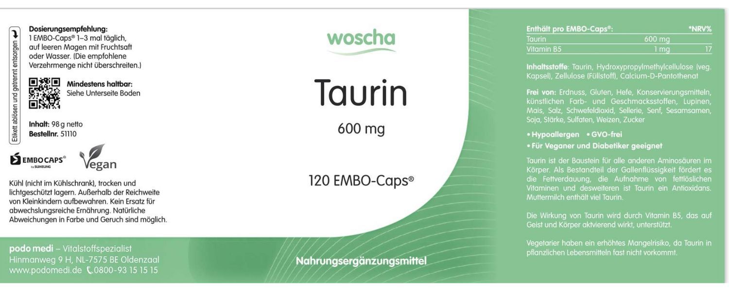 Woscha Taurin + B6 und Alpha-Liponsäure von podo medi beinhaltet 120 Kapseln Etikett