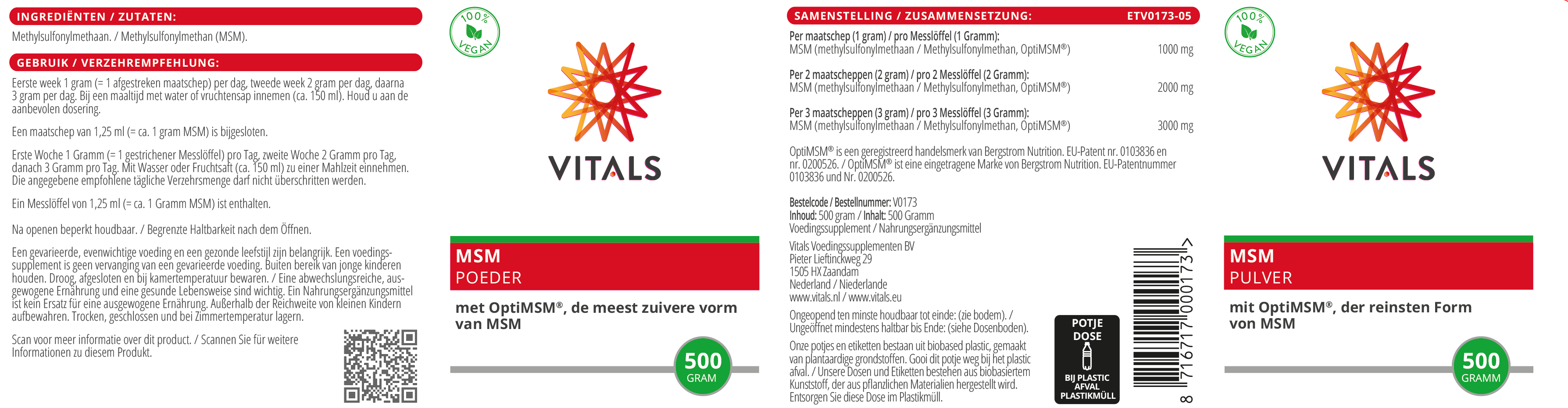 Vitals MSM Pulver mit OptiMSM, 500 Gramm  EAN: 8716717000173