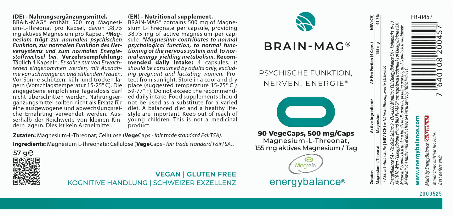 EnergyBalance Brain-Mag - Magnesium L-Threonat, 90 VegeCaps Gehirn EAN: 7640108200457
