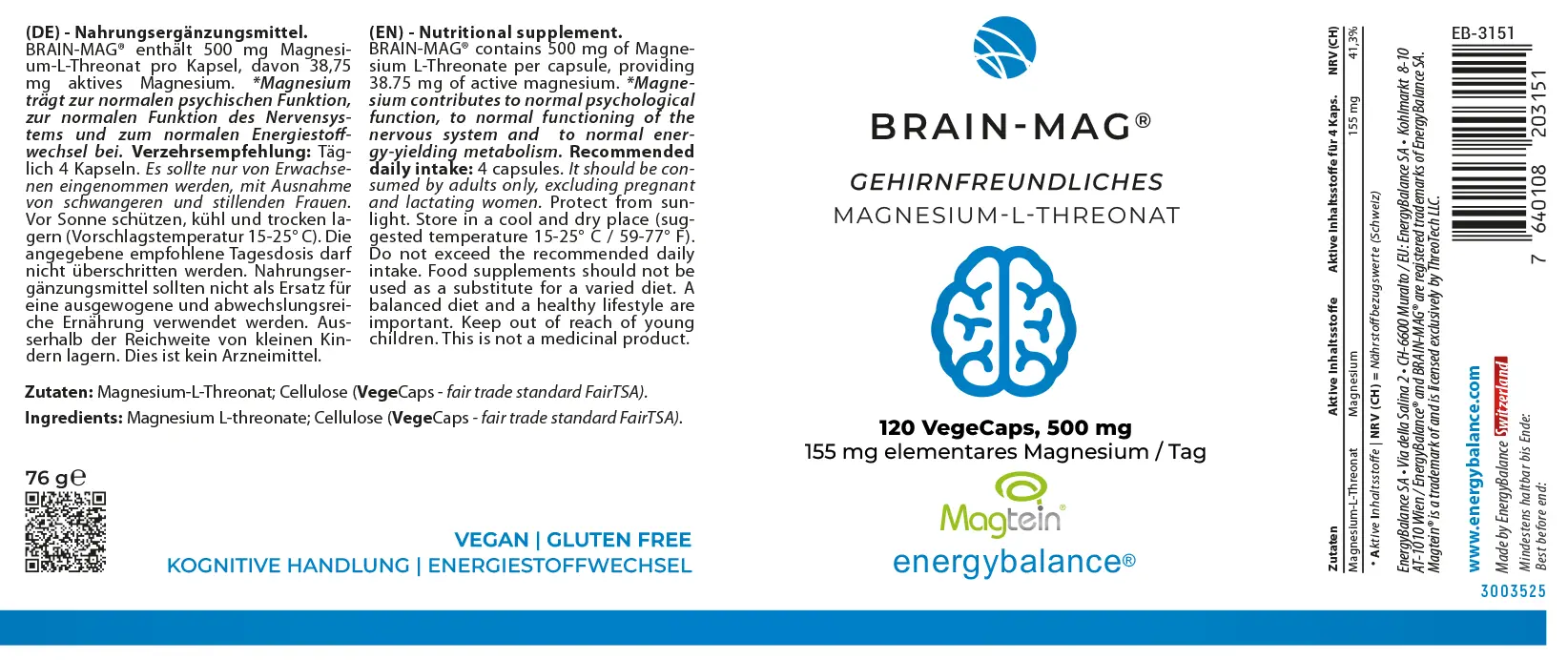 EnergyBalance Brain-Mag - Magnesium L-Threonat, 120 VegeCaps Gehirn EAN: 7640108200457