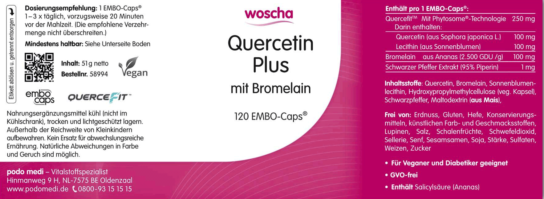 Woscha Quercetin Plus podo medi 120 Kapseln Etikett Woscha Quercetin Plus von podo medi beinhaltet 120 Kapseln Etikett