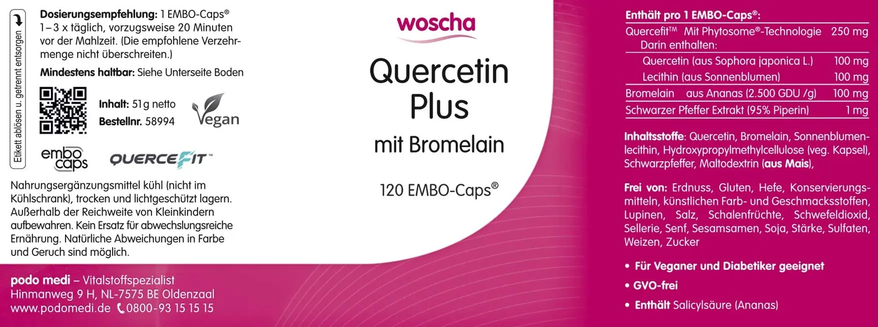 Woscha Quercetin Plus von podo medi beinhaltet 120 Kapseln Etikett