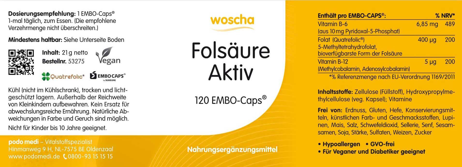 Woscha Folsäure Aktiv von podo medi beinhaltet 120 Kapseln Etikett