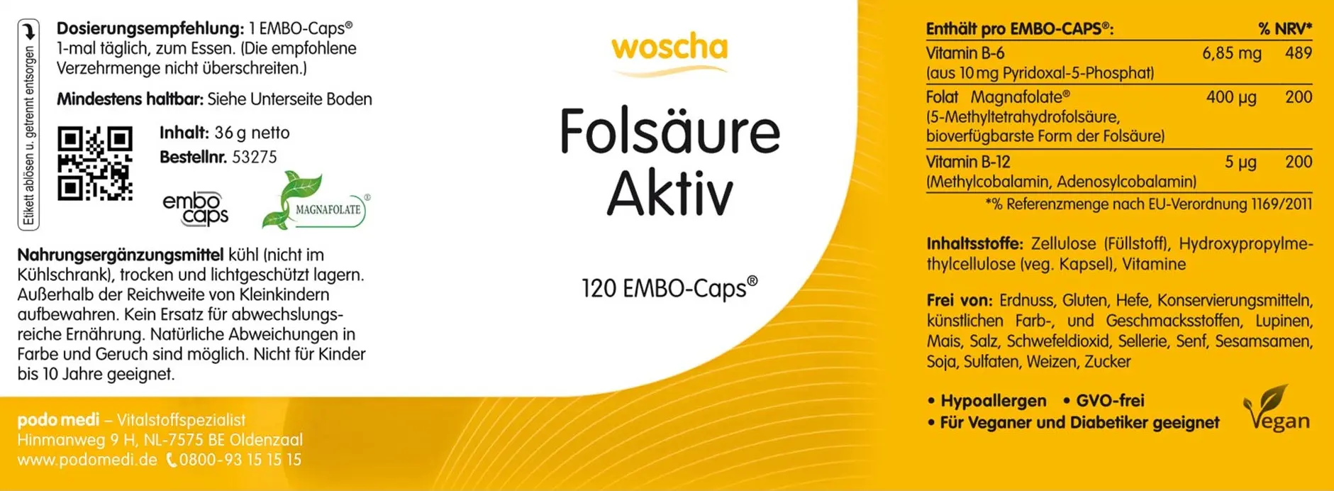 Woscha Folsäure Aktiv von podo medi beinhaltet 120 Kapseln Etikett