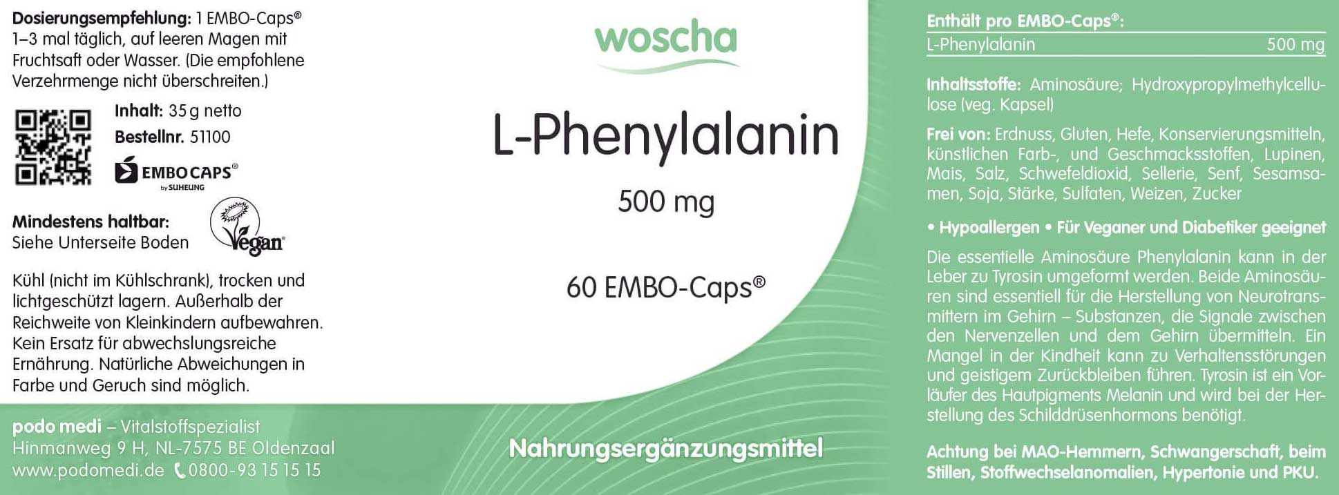Woscha L-Phenylalanin 500 Milligramm von podo medi beinhaltet 60 Kapseln Etikett