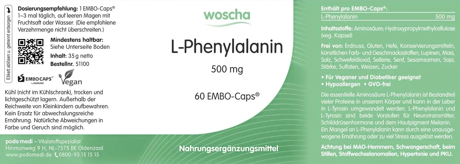 Woscha L-Phenylalanin 500 Milligramm von podo medi beinhaltet 60 Kapseln Etikett