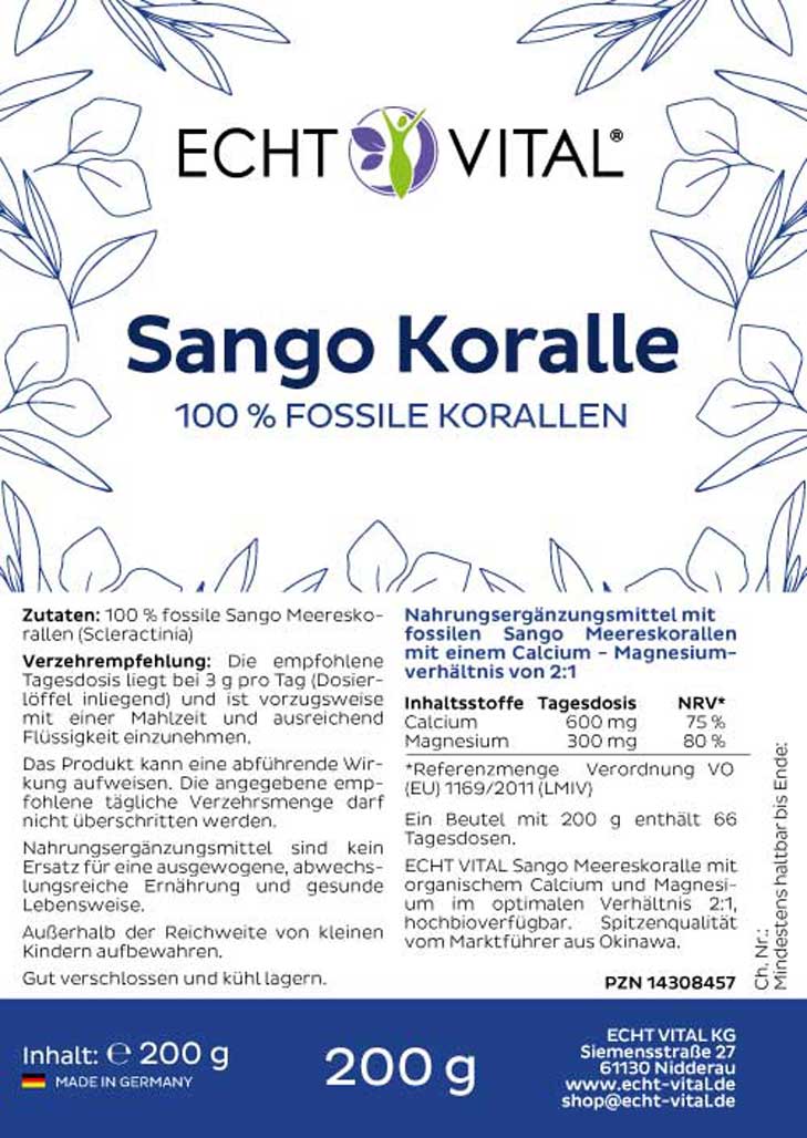 Etikett Sango Koralle Pulver Echt Vital 200 g Etikett Sango Koralle Pulver von Echt Vital in 200 Gramm Packung