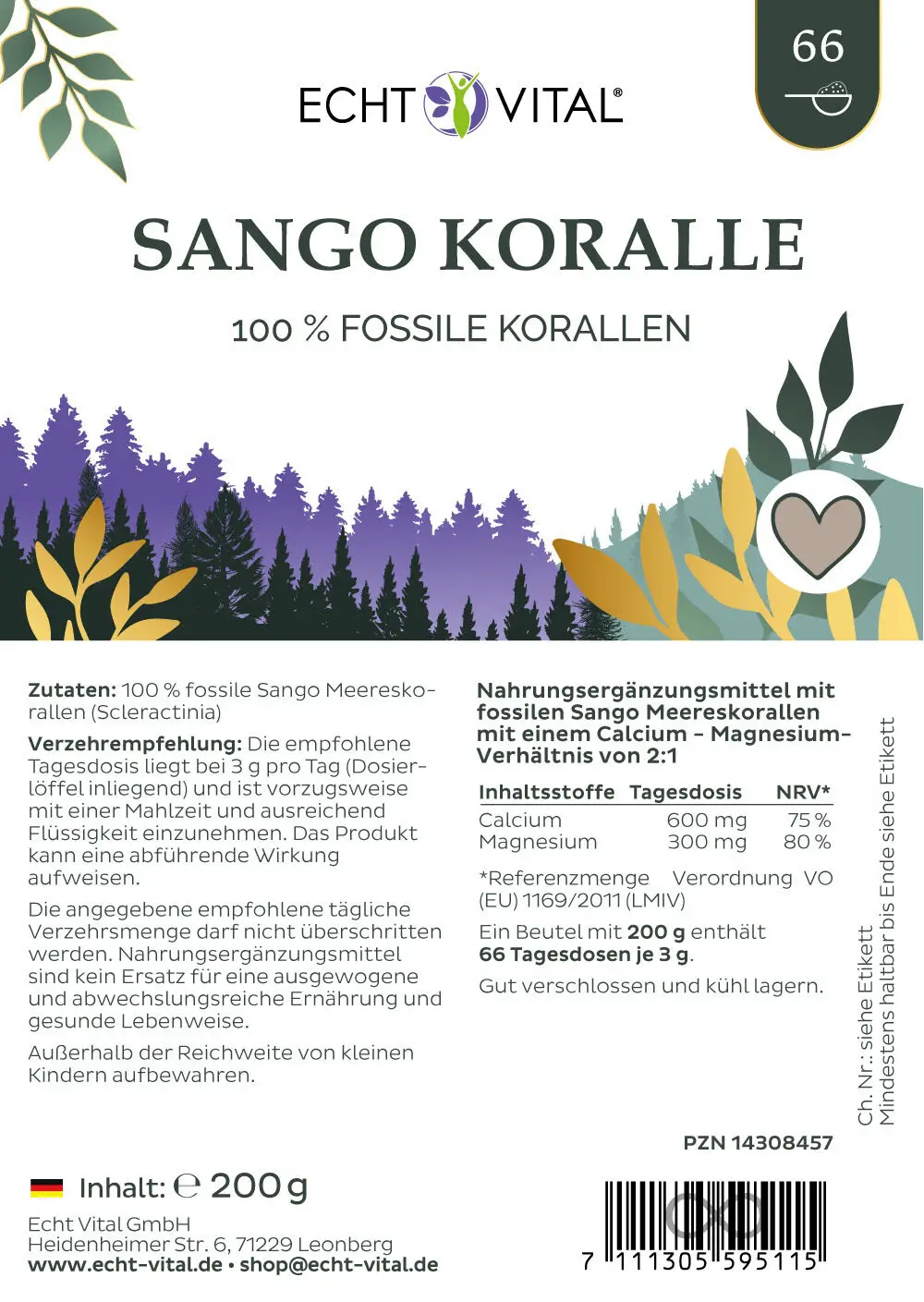 Echt Vital Sango Koralle, 200 g Pulver Knochen EAN: 4260463086928