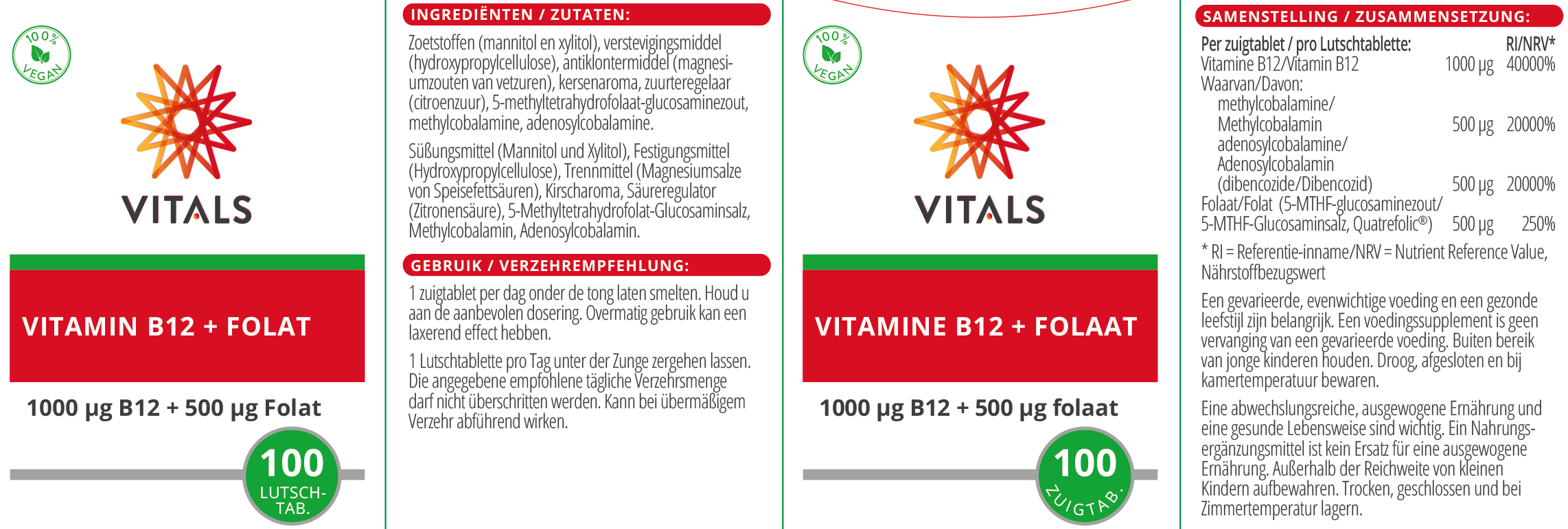 Vitals Vitamin B12 + Folat, 100 Lutschtabletten Methylcobalamin Adenosylcobalamin Vitamin B12 Energiezufuhr EAN: 8716717003303