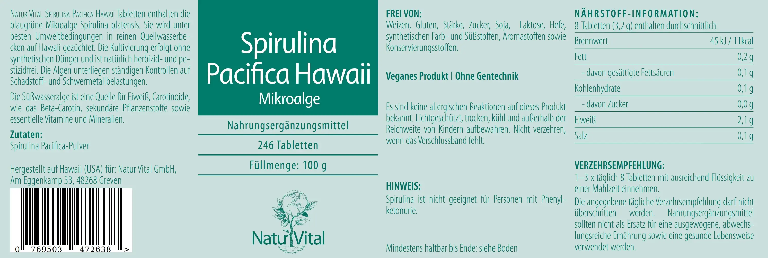 Spirulina Pacifica Hawaii von Natur Vital beinhaltet 200 Tabletten Label