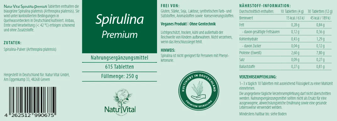Spirulina von Natur Vital beinhaltet 200 Tabletten Label