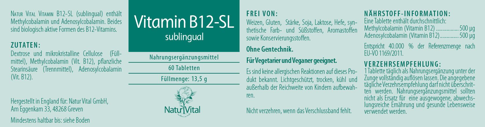 Vitamin B12 SL von Natur Vital beinhaltet 60 Tabletten Etikett