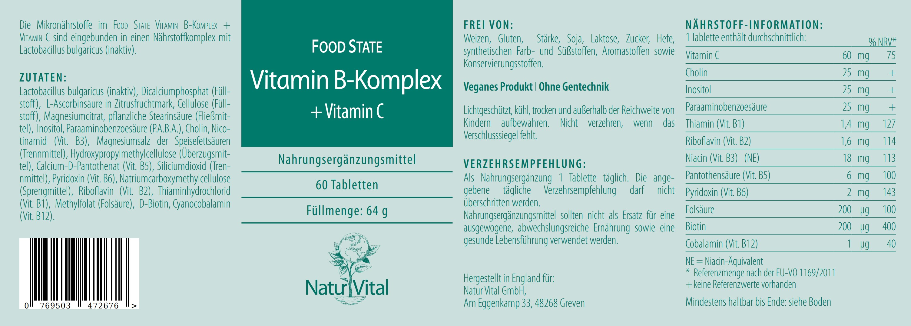 Natur Vital Vitamin B-Komplex Food State, 60 Tabs  EAN: 4262512990736