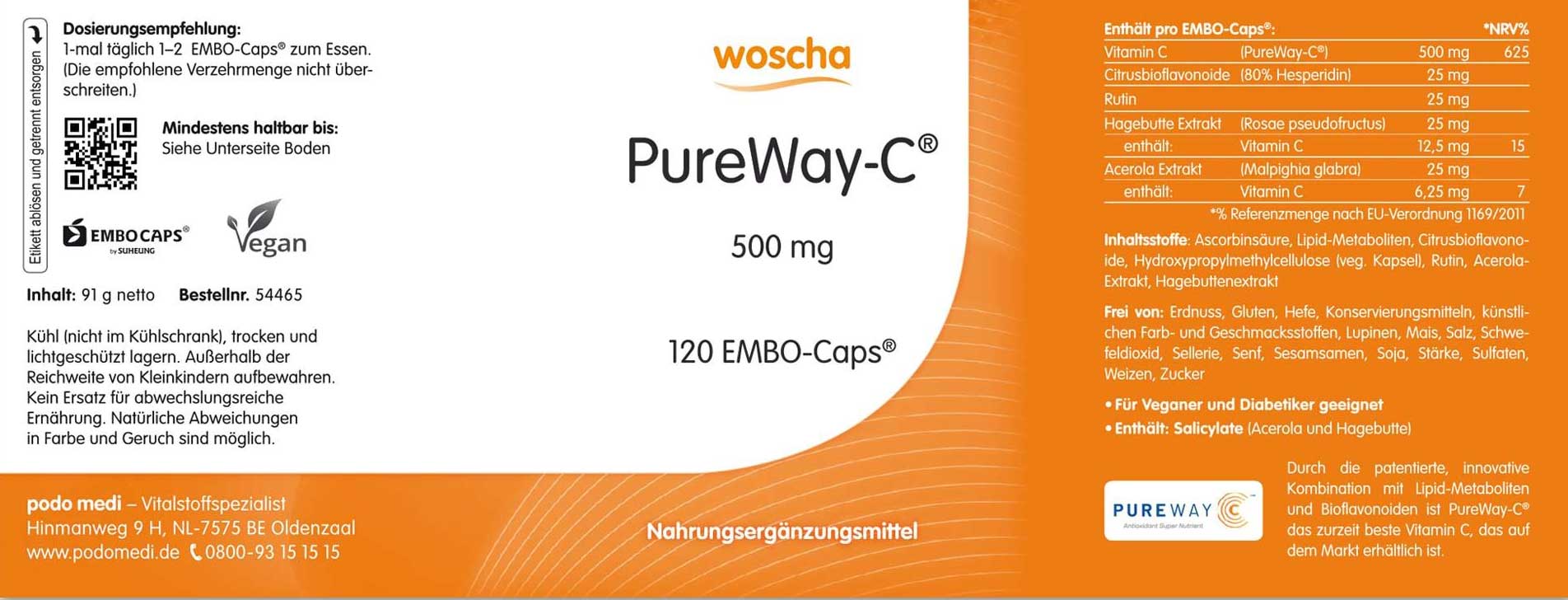 Woscha PureWay C 500 Milligramm mit Bioflavonoiden von podo medi beinhaltet 120 Kapseln Etikett