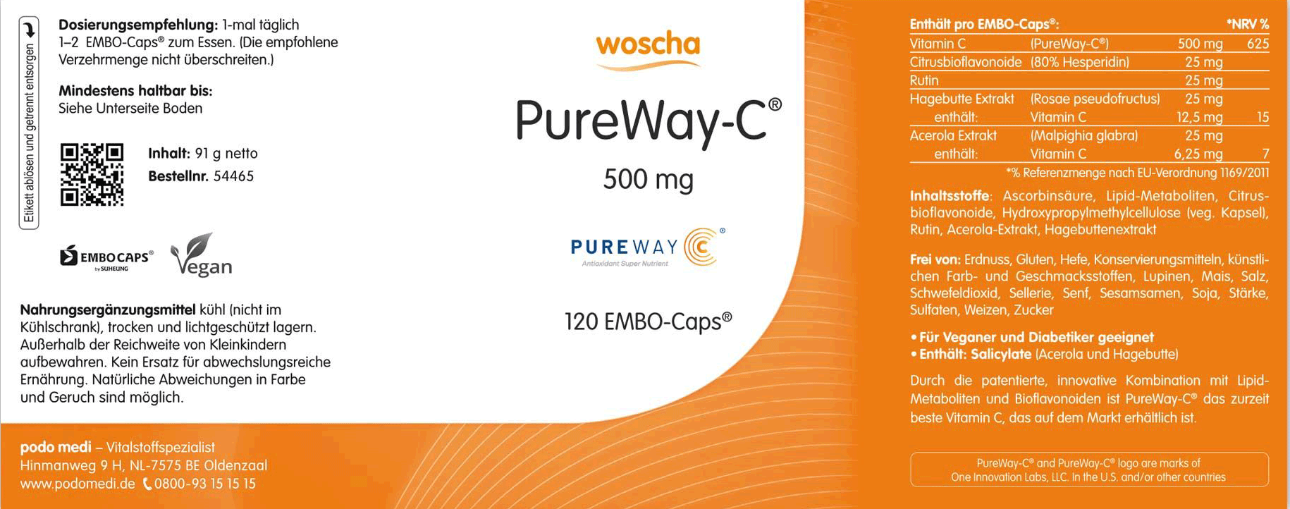 Woscha PureWay C 500 mg mit Bioflavonoiden podo medi 120 Kapseln Etikett Woscha PureWay C 500 Milligramm mit Bioflavonoiden von podo medi beinhaltet 120 Kapseln Etikett