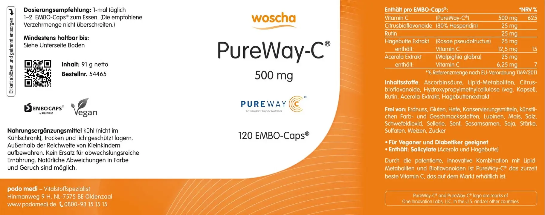 Woscha PureWay-C 500 mg met bioflavonoïden, 120 capsules  EAN: 8717729199534