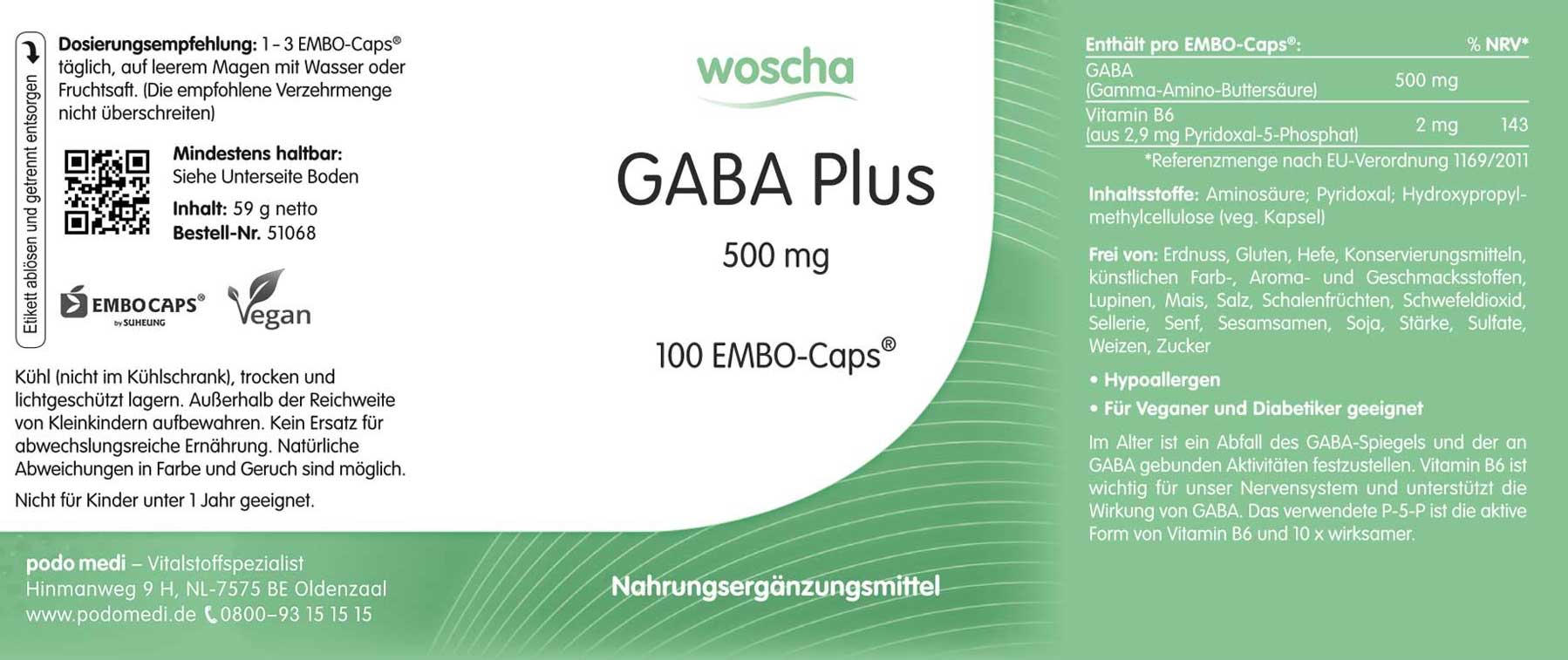 Woscha GABA Plus podo medi 100 EMBO-caps Etikett Woscha GABA Plus von podo medi beinhaltet 100 EMBO-caps Etikett