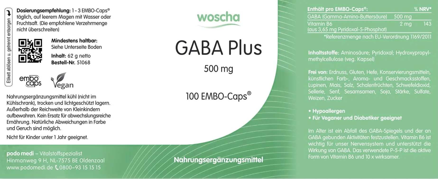 Woscha GABA Plus von podo medi beinhaltet 100 EMBO-caps Etikett