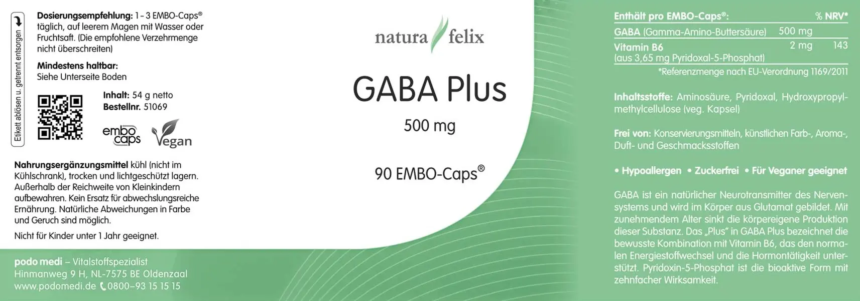 natura-felix GABA Plus von podo medi beinhaltet 100 EMBO-caps Etikett