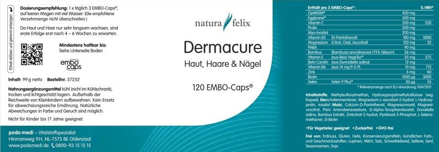 natura-felix Dermacure Haut, Haare & Nägel von podo medi beinhaltet 120 Kapseln Etikett