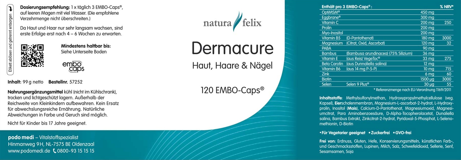 natura-felix Dermacure Haut, Haare & Nägel von podo medi beinhaltet 120 Kapseln Etikett