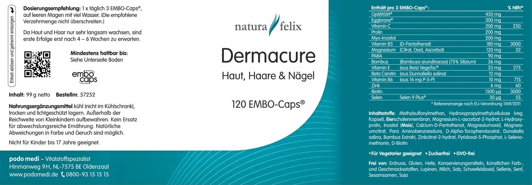 Natura Felix Dermacure Skin, Hair & Nails, 120 capsules Hautgesundheit EAN: 8717729191651