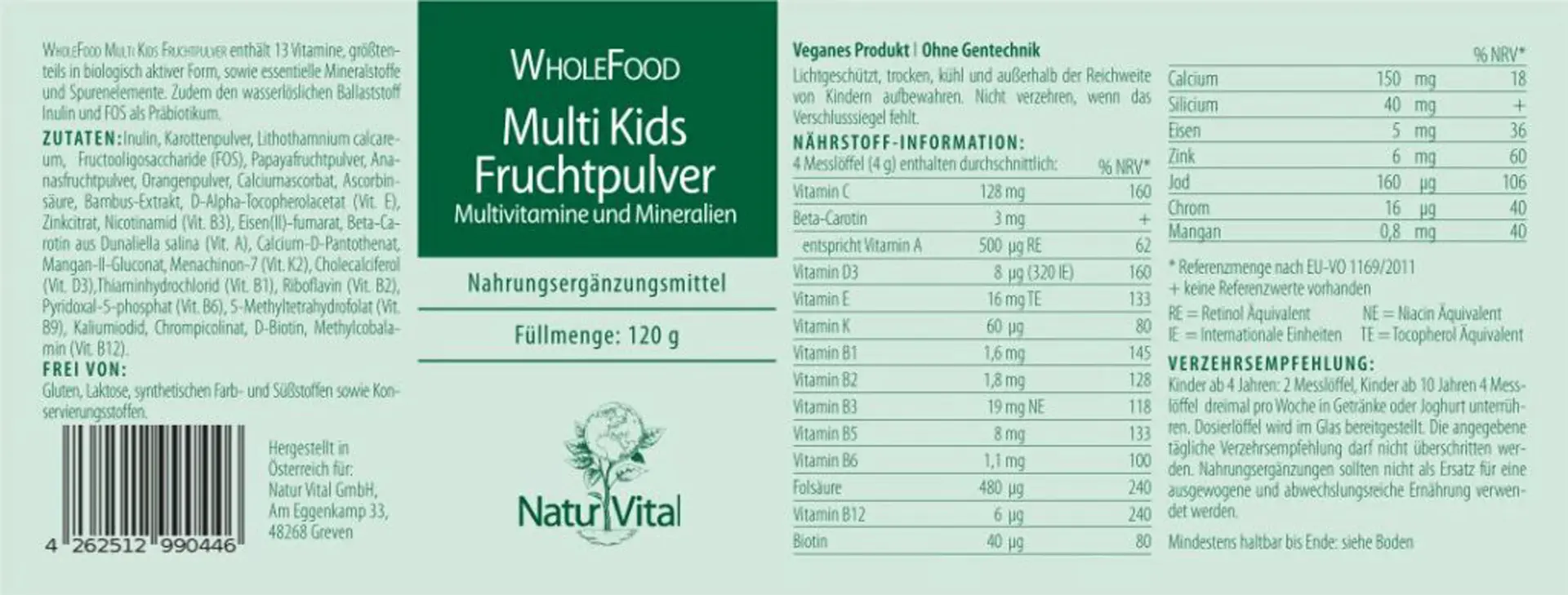 Natur Vital Multi-Kids Fruchtpulver WholeFood, 120 g  EAN: 4262512990446