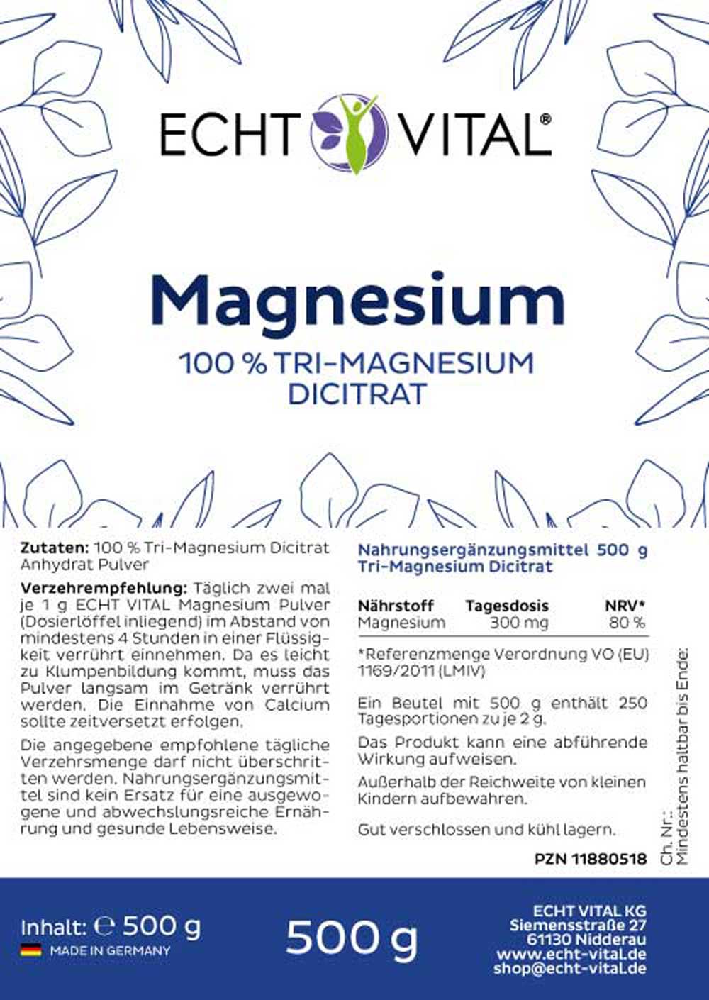 Etikett Magnesium Dicitrat Pulver von Echt Vital in 500 Gramm Packung