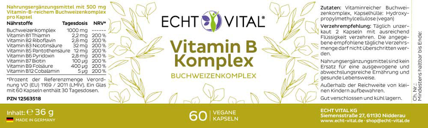 Etikett Vitamin B Komplex Kapseln von Echt Vital beinhaltet 60 vegane Kapseln