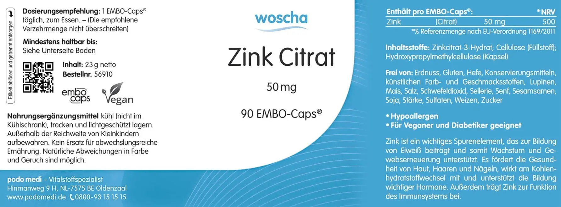 Woscha Zink Citrat von podo medi beinhaltet 90 Kapseln Etikett