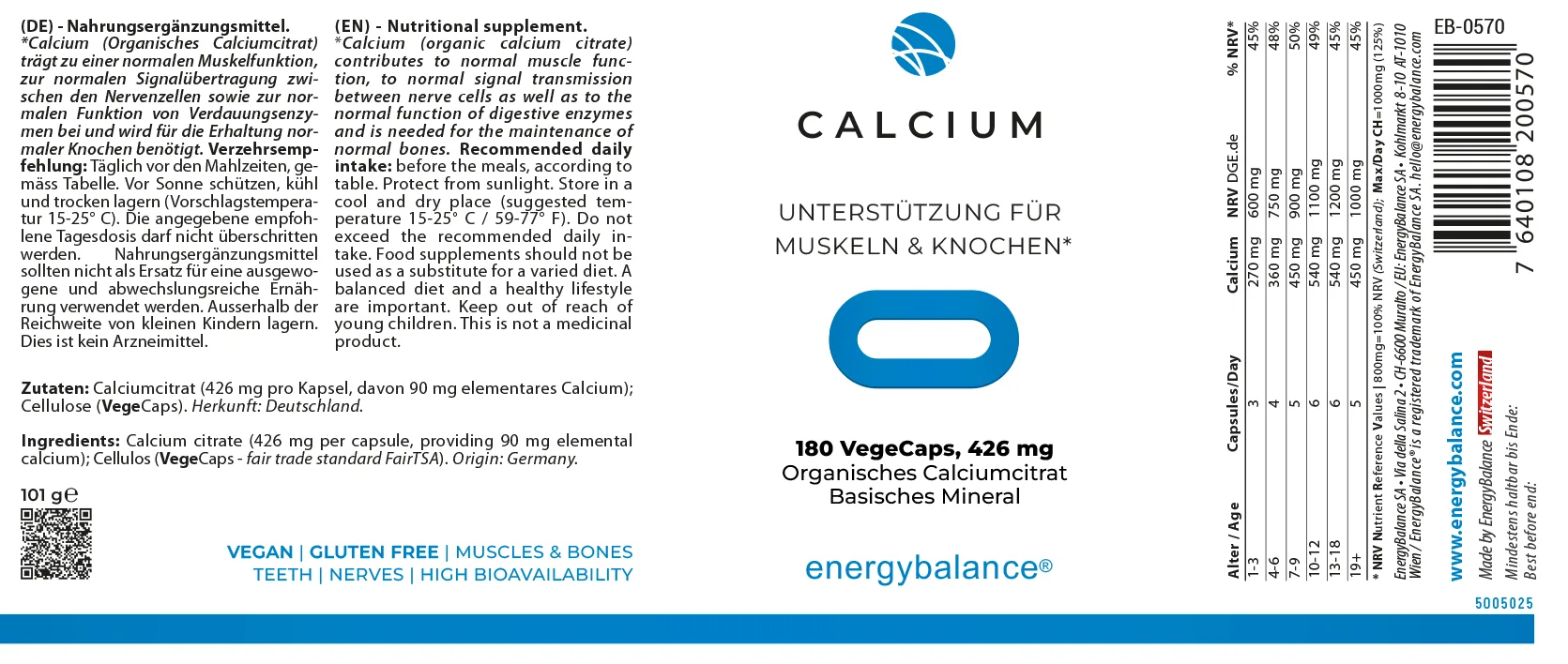 EnergyBalance Calcium (Calciumcitrat mit hoher Bioverfügbarkeit=, 180 VegeCaps EAN: 7640108200570