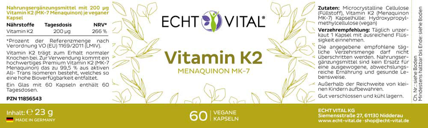Etikett Vitamin K2 MK-7 von Echt Vital beinhaltet 60 vegane Kapseln