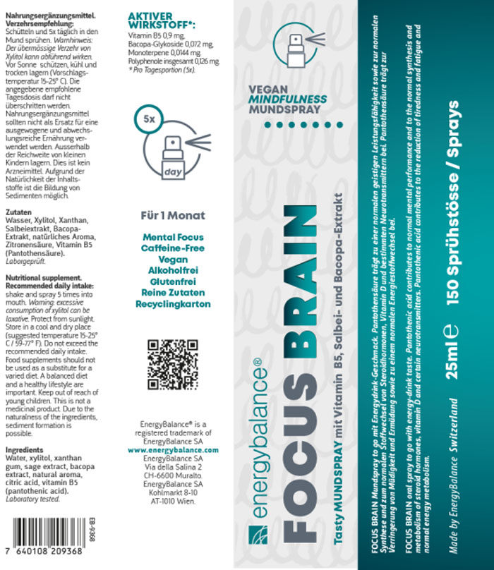 Focus Brain Mundspray mit Bacoba und Vitamin B5, 25 ml Etikett